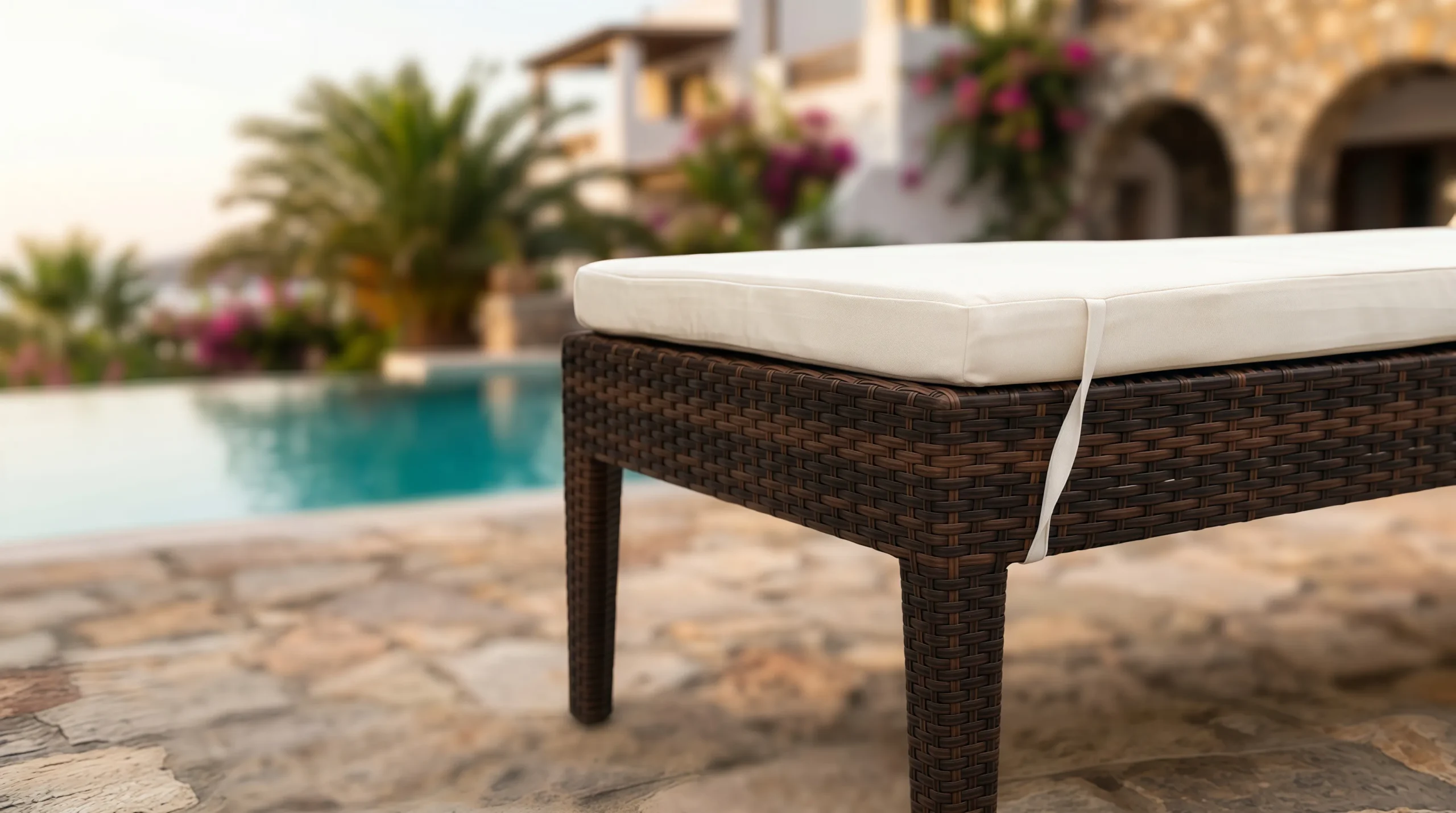 Wicker Outdoor Sun Lounger with Armrests and Beige Cushion