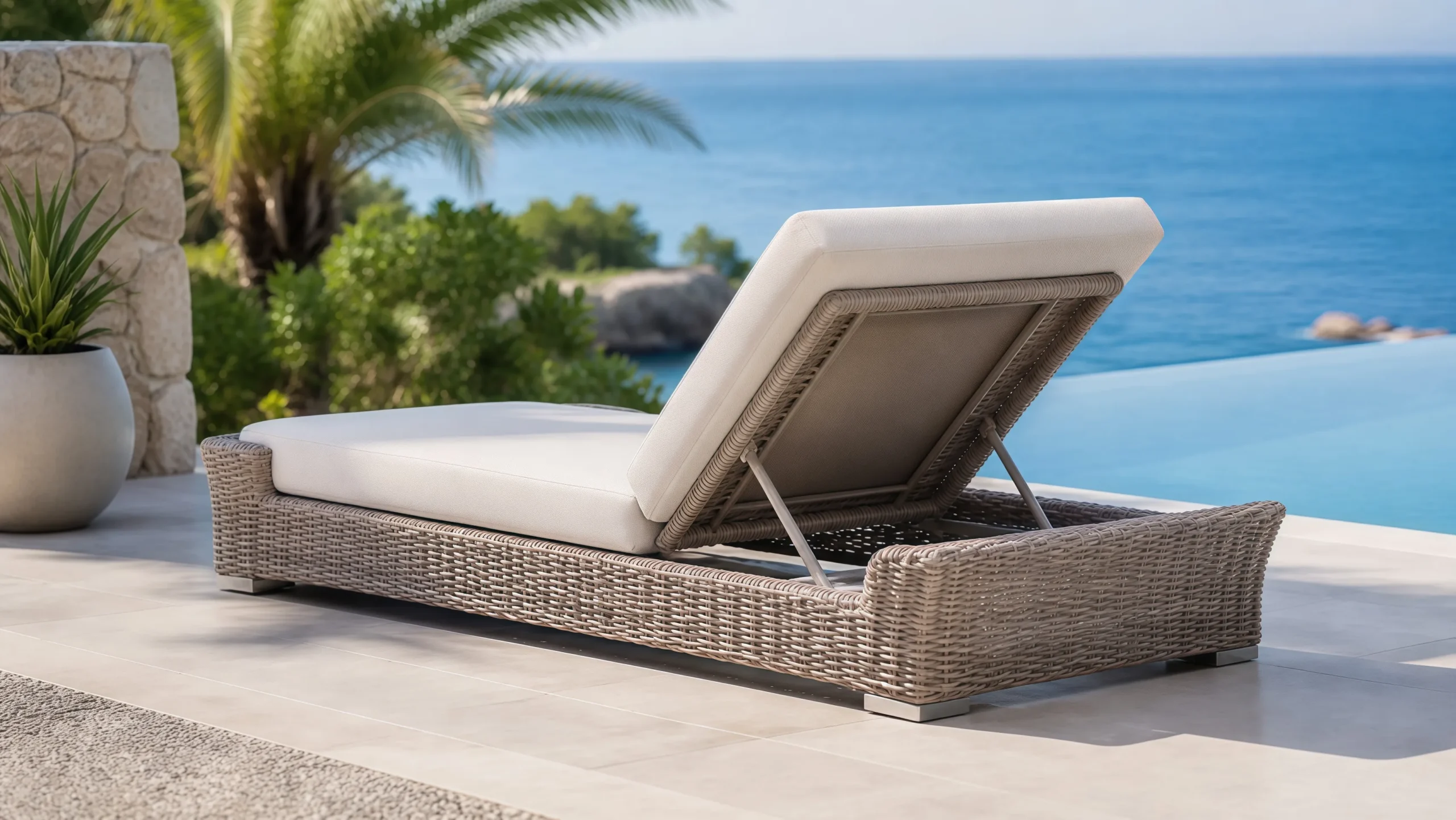 Adjustable Wicker Outdoor Sun Lounger with White Cushion