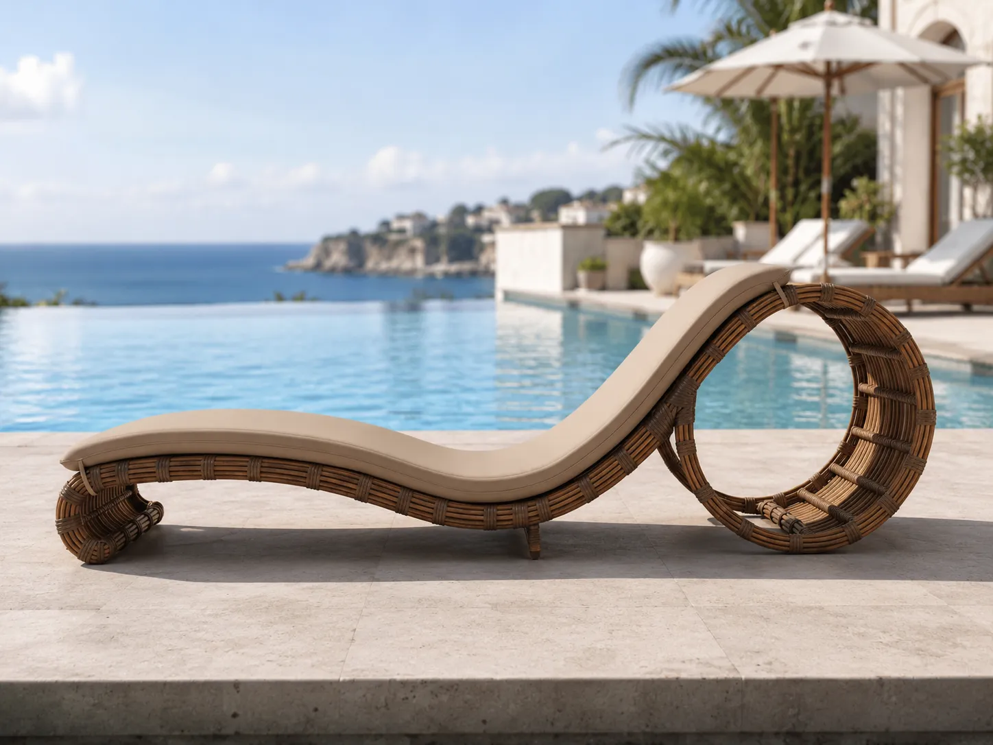 Side view of wicker outdoor sun lounger with beige cushion