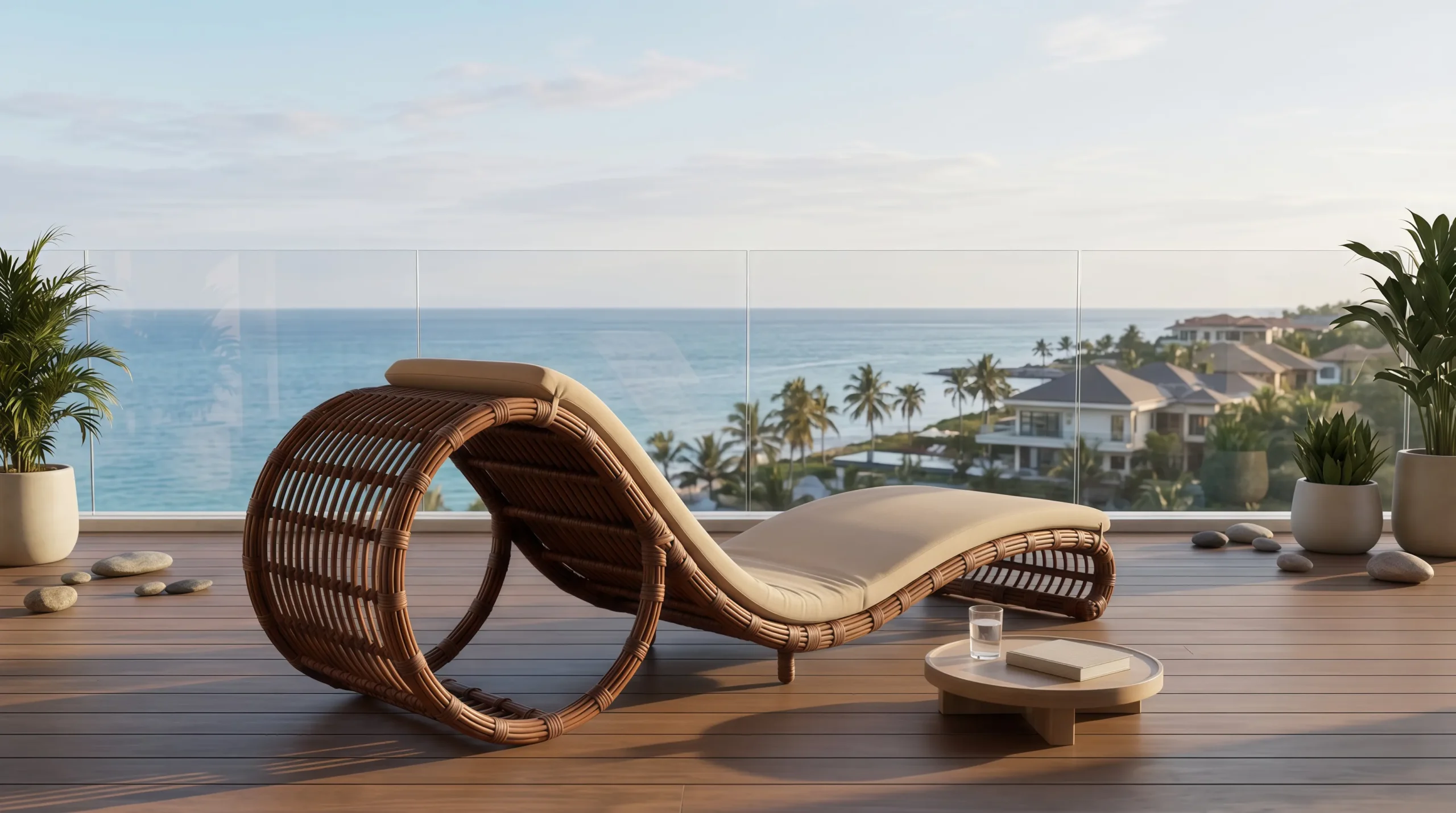 Wicker Outdoor Sun Lounger with Beige Cushion