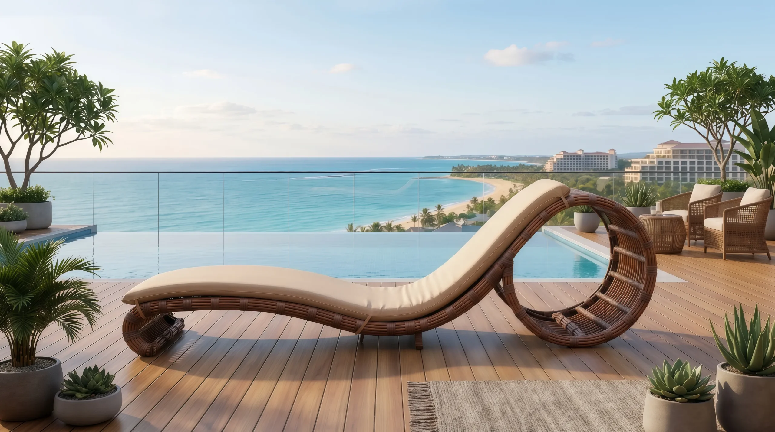 Wicker Outdoor Sun Lounger with Beige Cushion