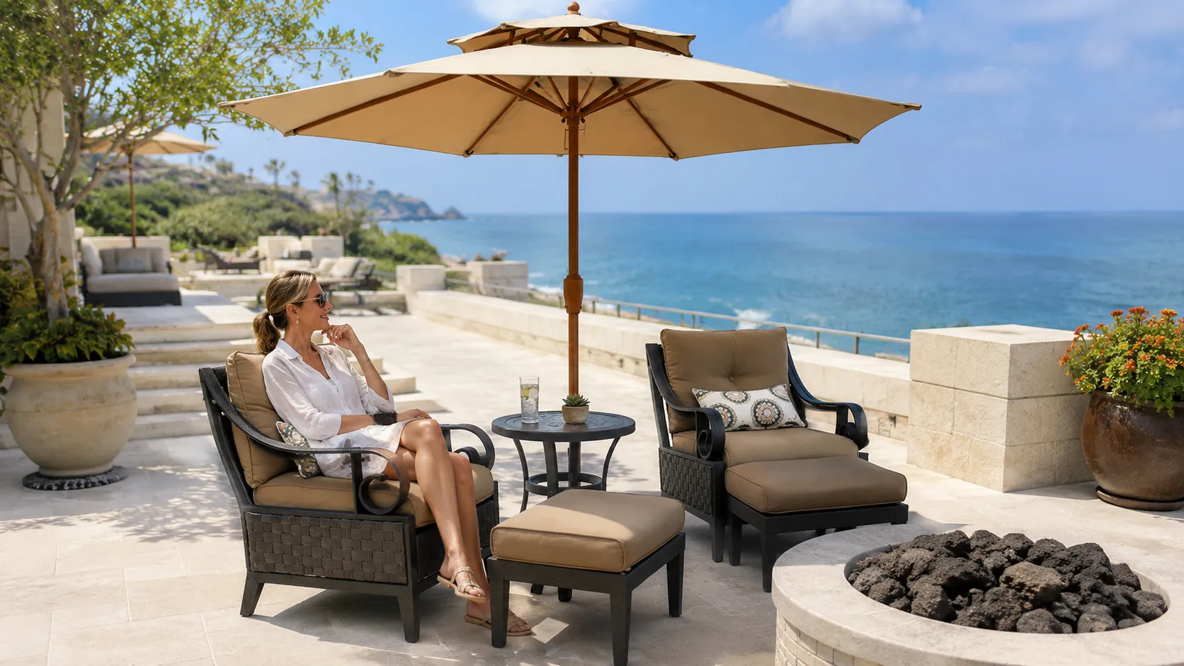 Wooden Patio Market Umbrella with Double Vent Canopy for Resort & Garden Shade