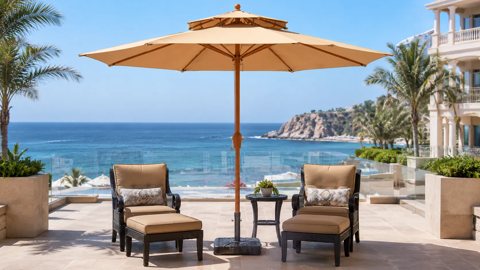 Wooden Patio Market Umbrella with Double Vent Canopy for Resort & Garden Shade