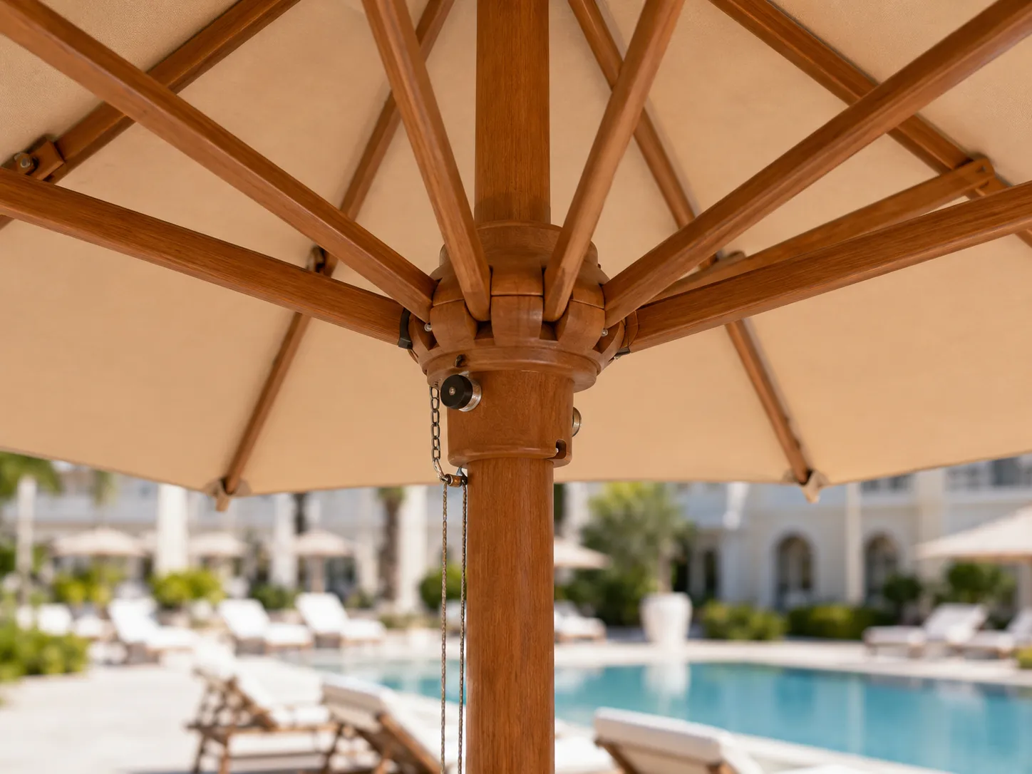Wooden rib structure detail of patio market umbrella