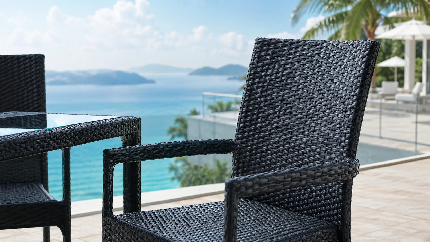 PE Rattan Patio Dining Set with 4 Armchairs & Square Glass Table for Hotel Outdoor Dining