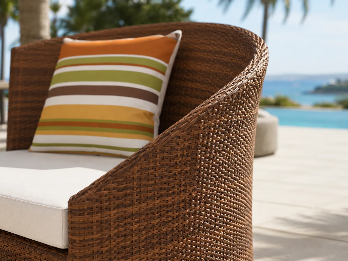 Close-up detail of PE rattan woven outdoor lounge chair