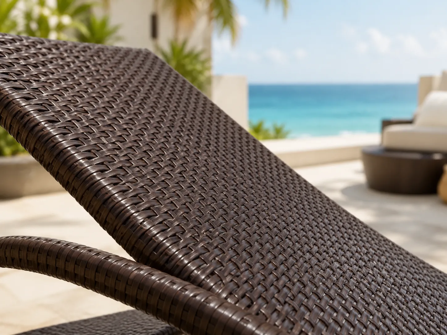 Close-up detail of PE rattan woven sun lounger surface