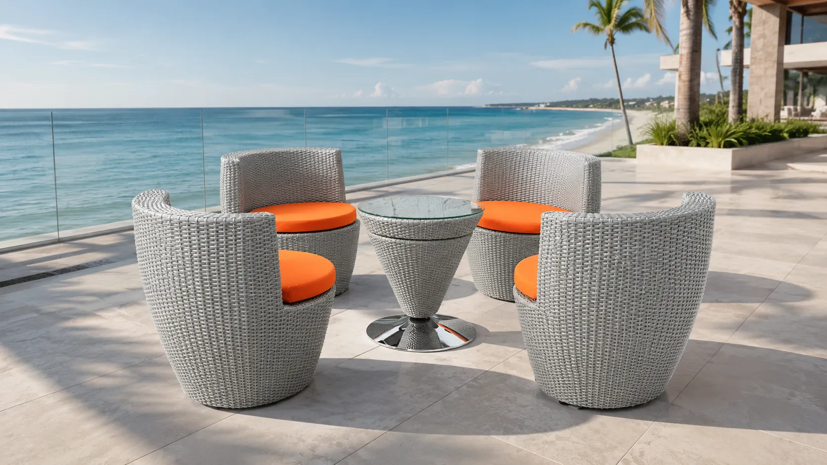 PE Rattan Outdoor Conversation Set with 4 Curved Chairs, Orange Cushions & Round Glass Table