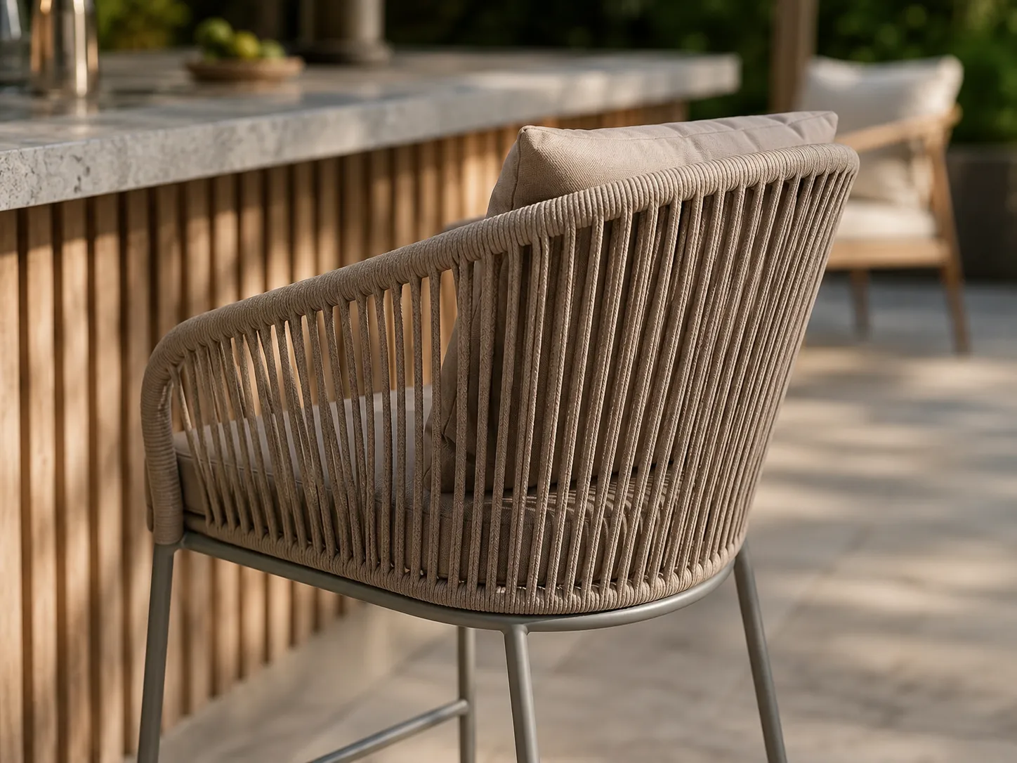 Woven rope backrest detail of outdoor bar stool for commercial use