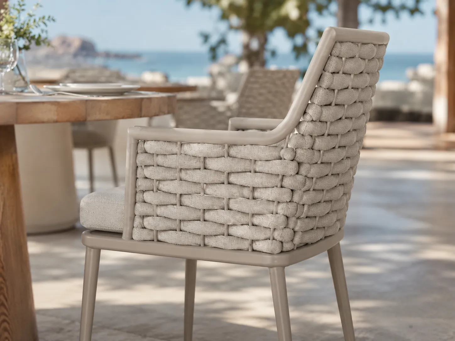 Woven rope backrest detail of grey dining chair for commercial use
