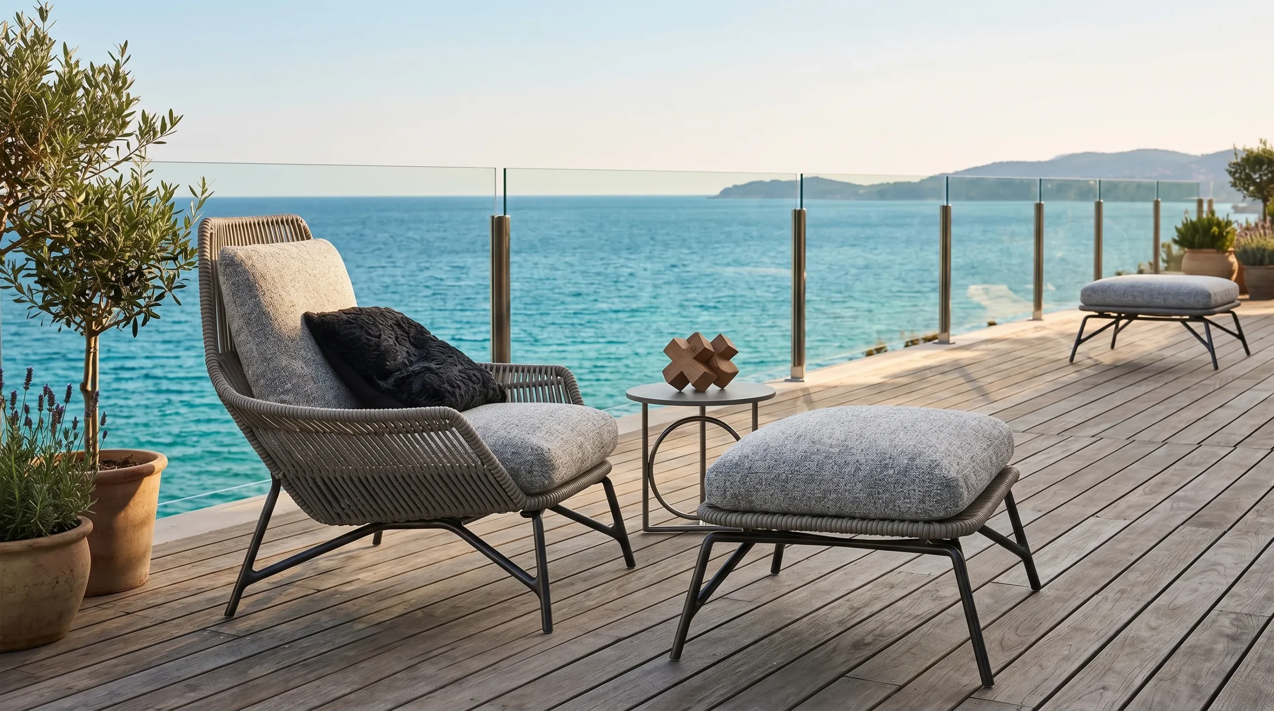 Woven Rope Outdoor Lounge Chair with Ottoman for Resort Patio & Poolside Seating
