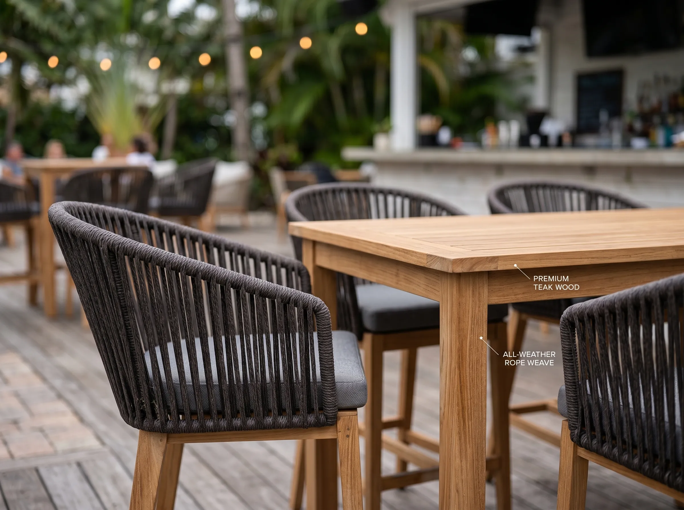 Woven rope backrest detail of bar chair for outdoor dining set