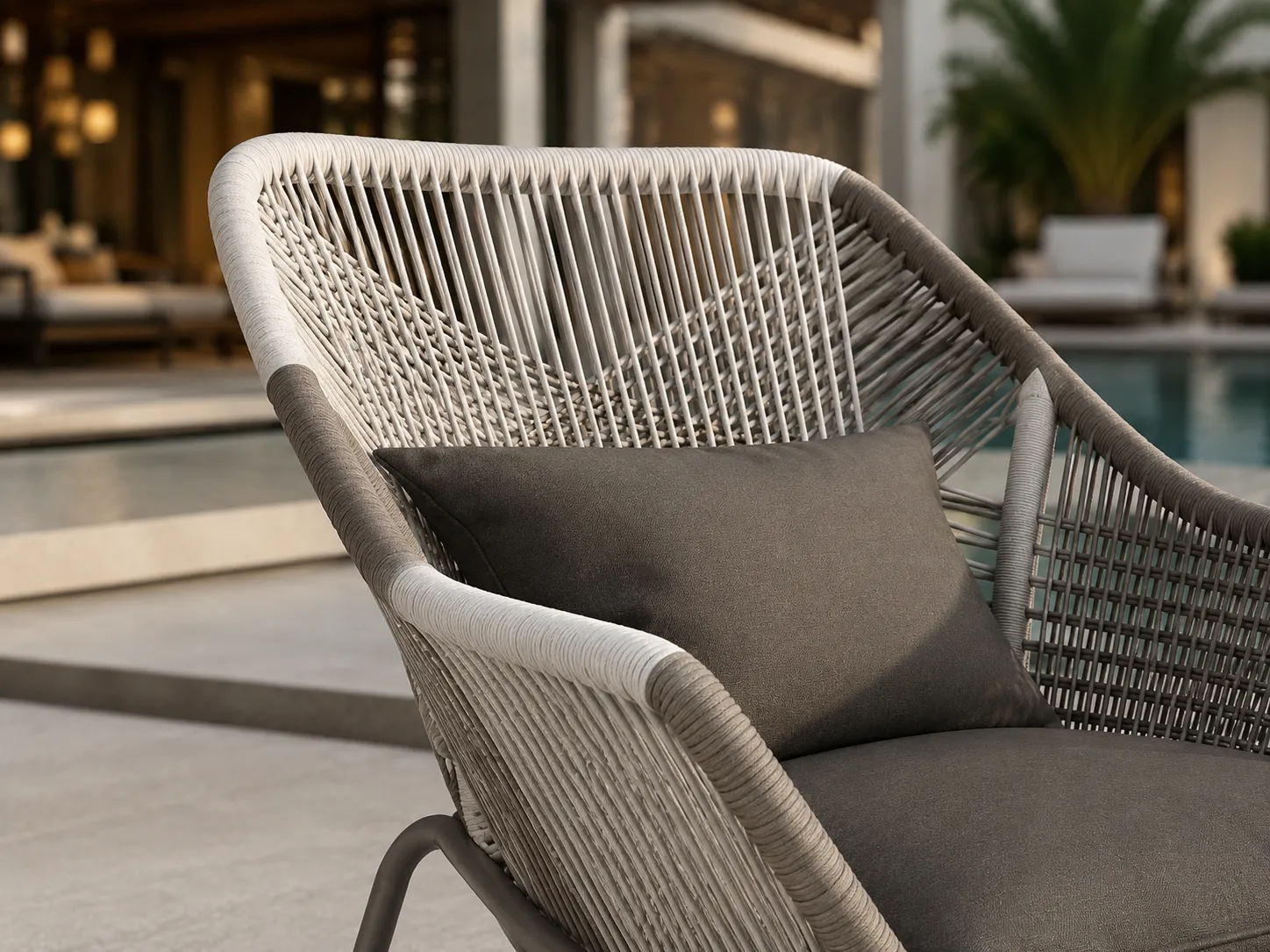 Close-up detail of woven rope backrest for outdoor lounge chair