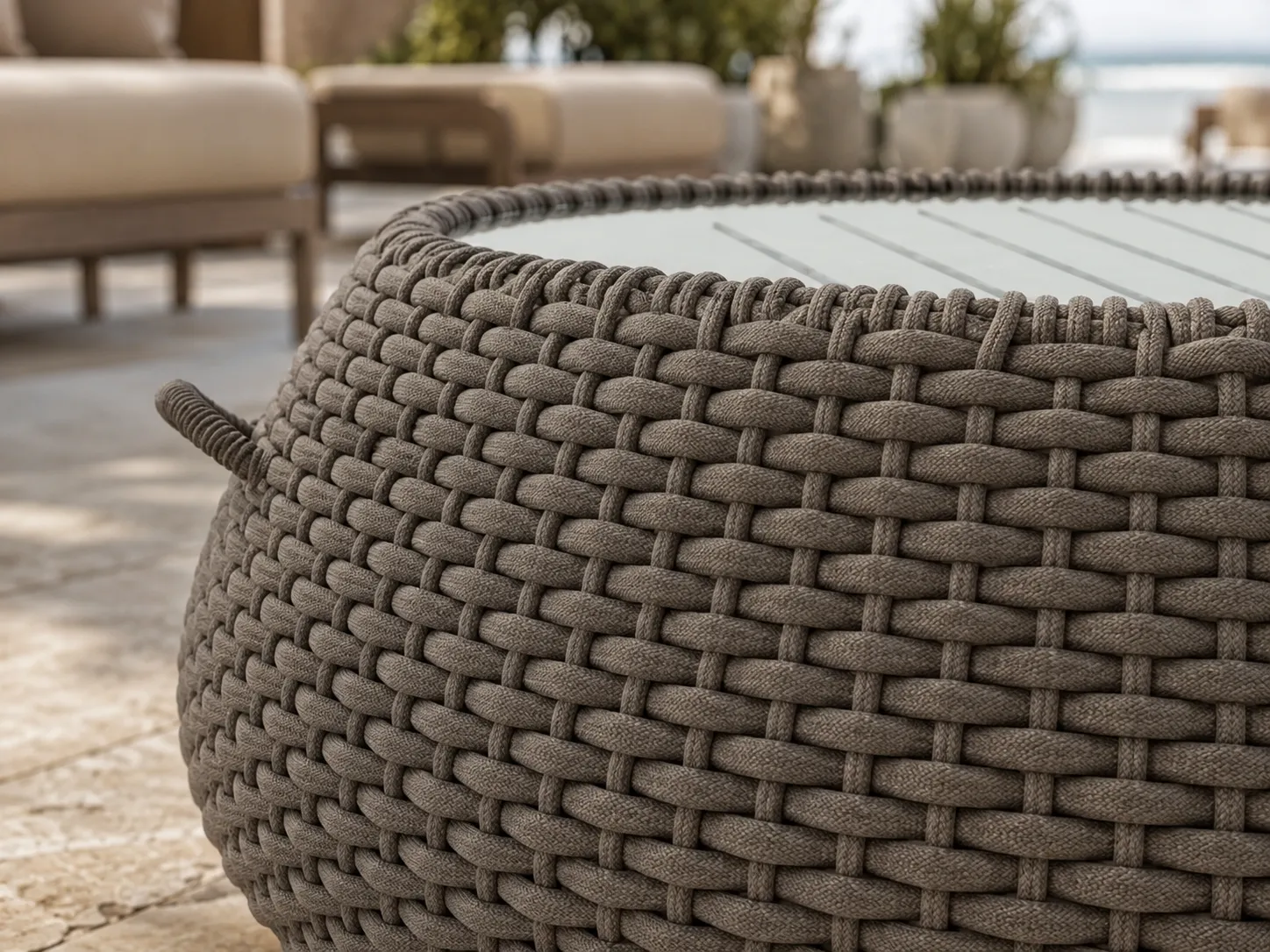 Close-up detail of woven rope frame for outdoor coffee table