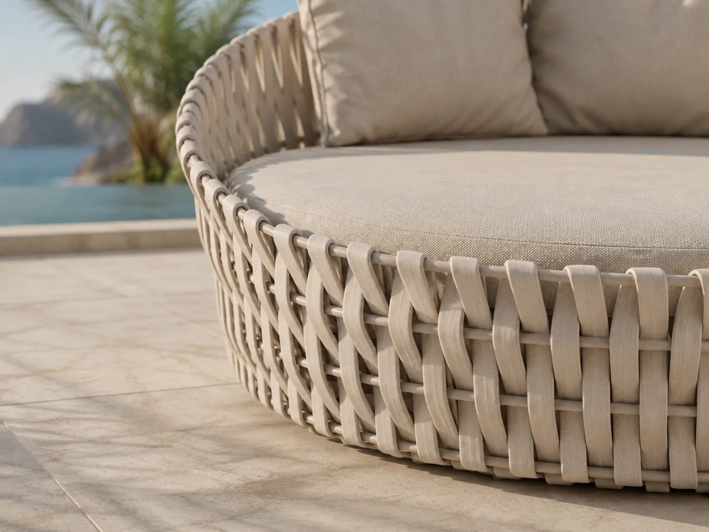 Close-up detail of woven rope frame on large outdoor daybed