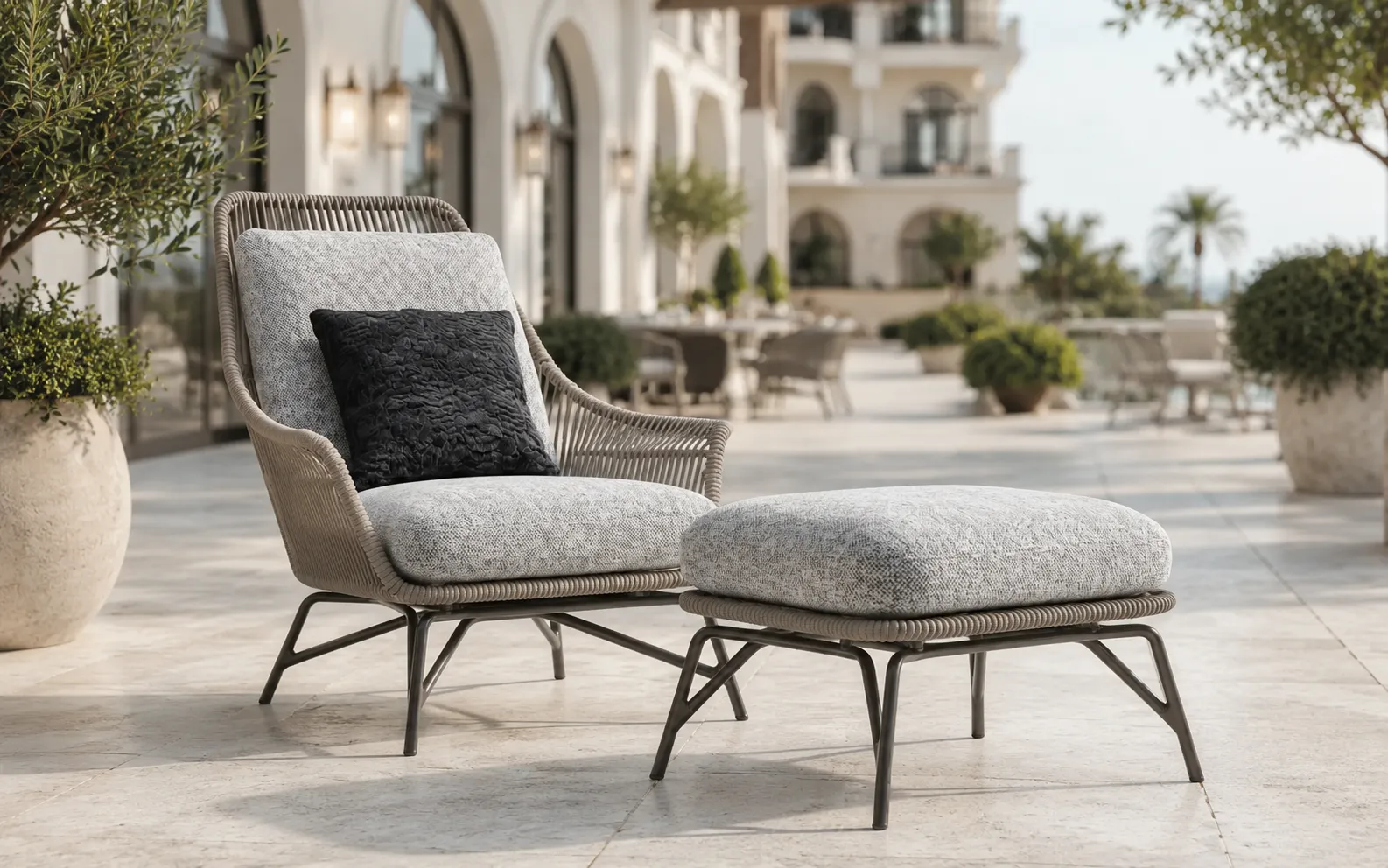 XIMU Furniture woven rope outdoor lounge chair with ottoman and grey cushions