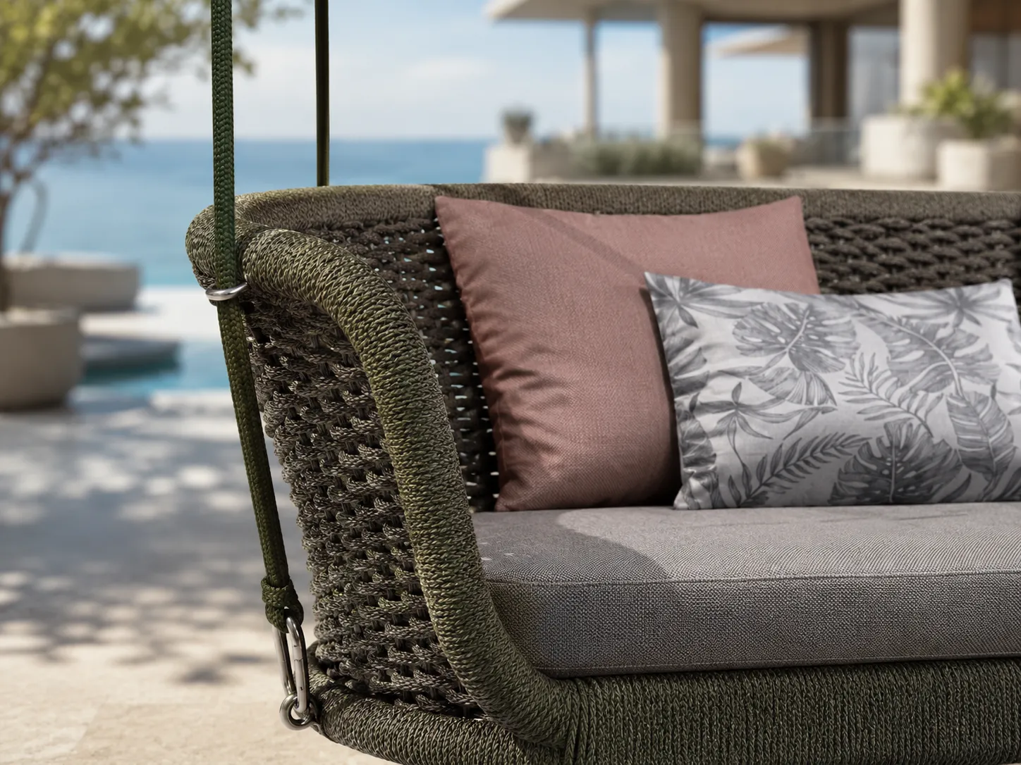 Close-up detail of woven rope frame for outdoor hanging swing sofa