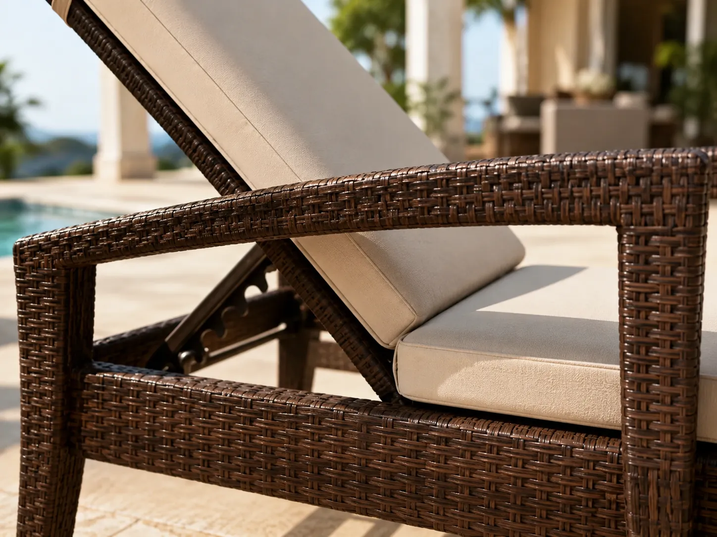 Close-up detail of woven wicker armrest on outdoor sun lounger