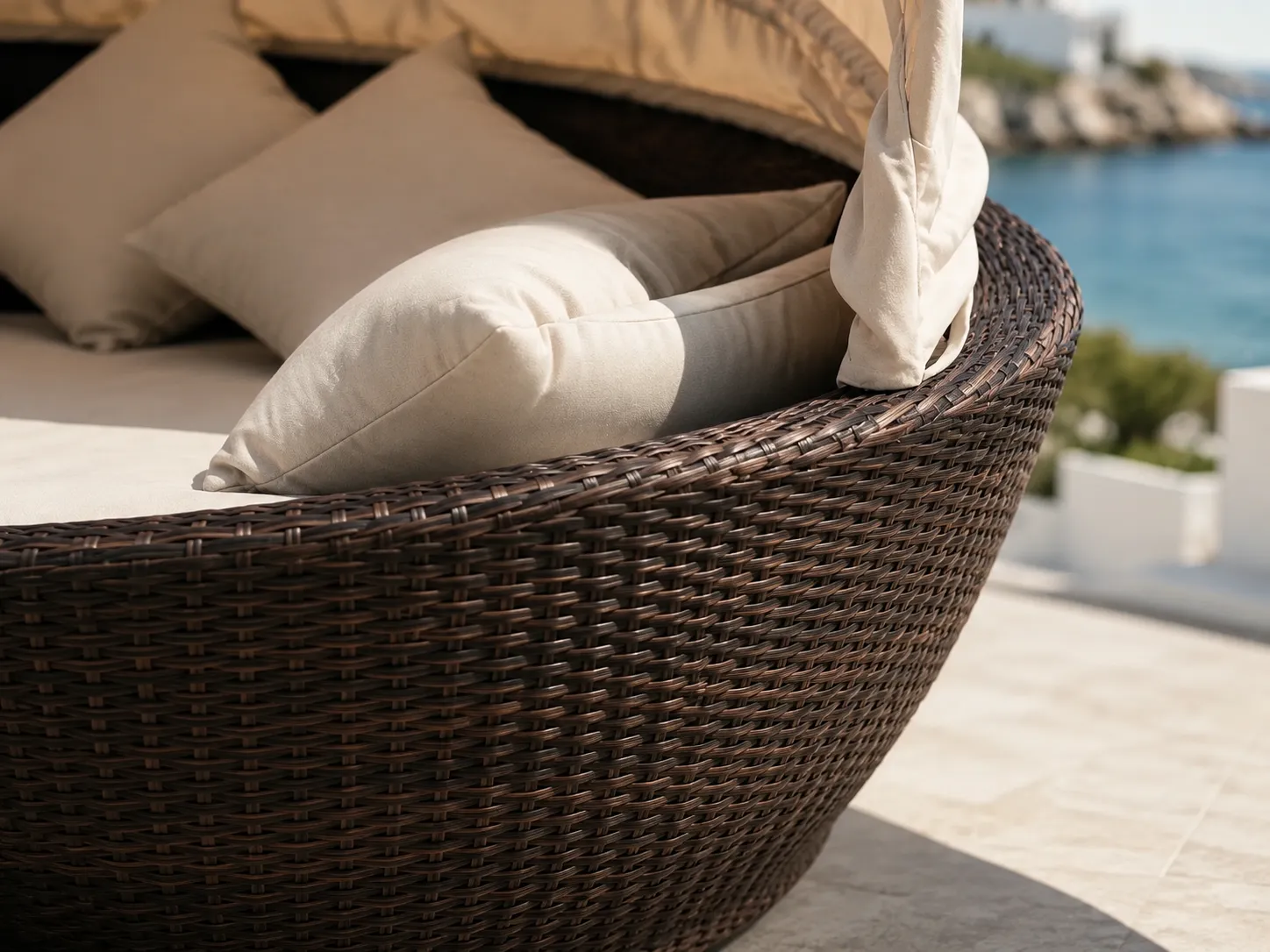 Close-up detail of PE rattan woven canopy daybed frame