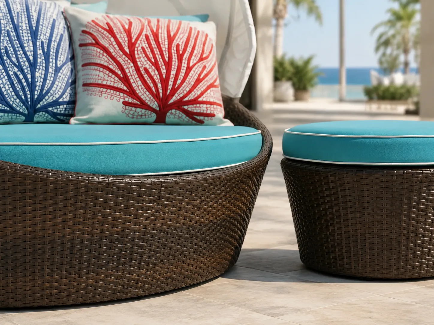Close-up detail of woven wicker frame on outdoor daybed and ottoman