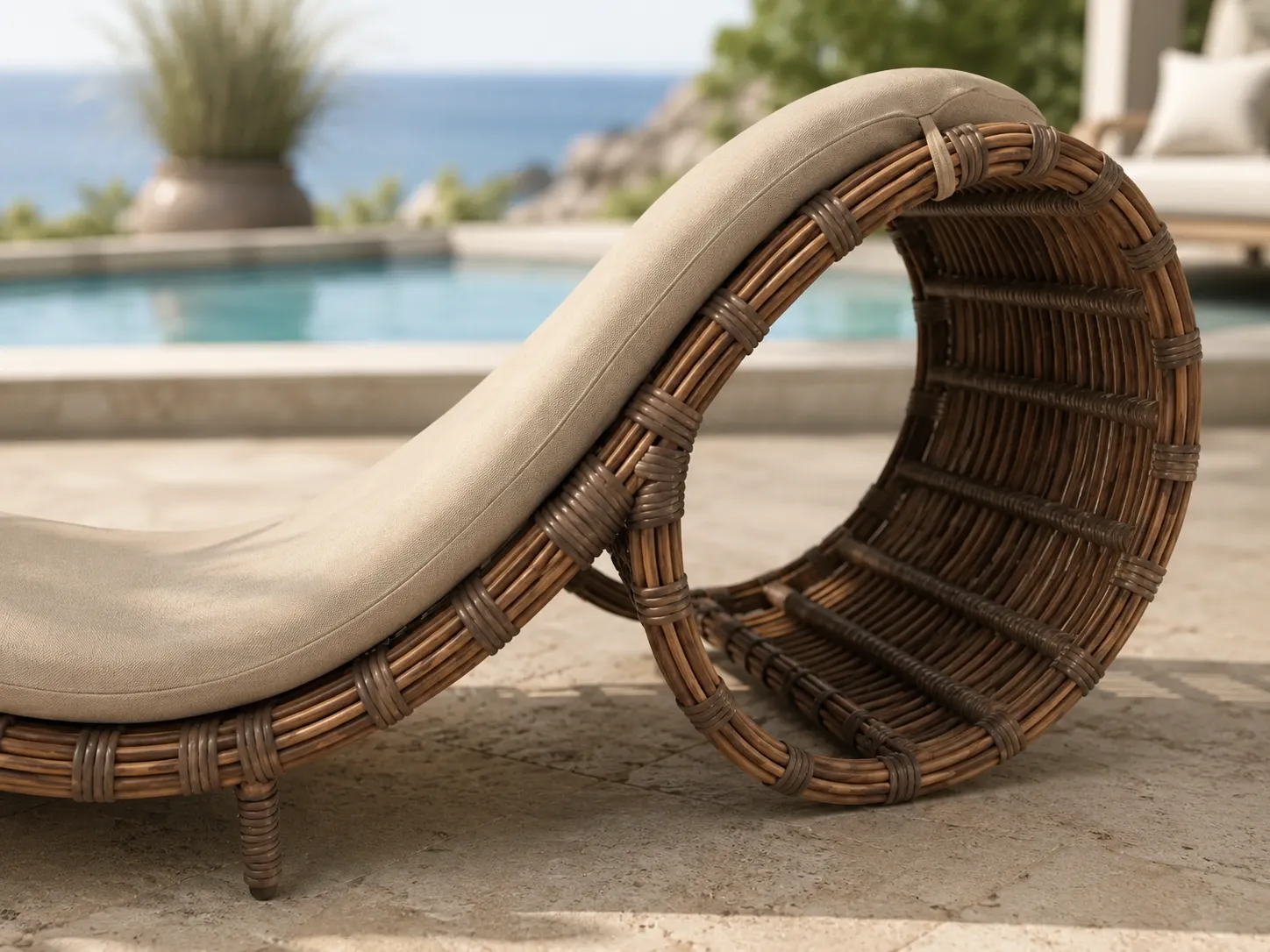 Close-up detail of PE rattan woven sun lounger frame