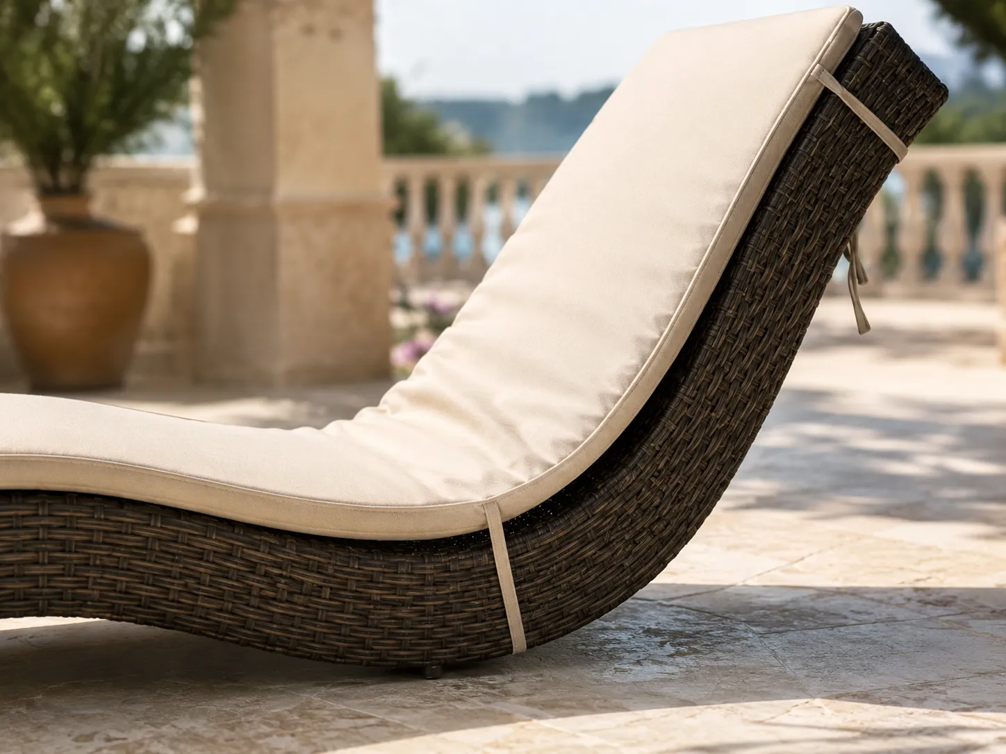 Close-up detail of PE rattan woven sun lounger frame