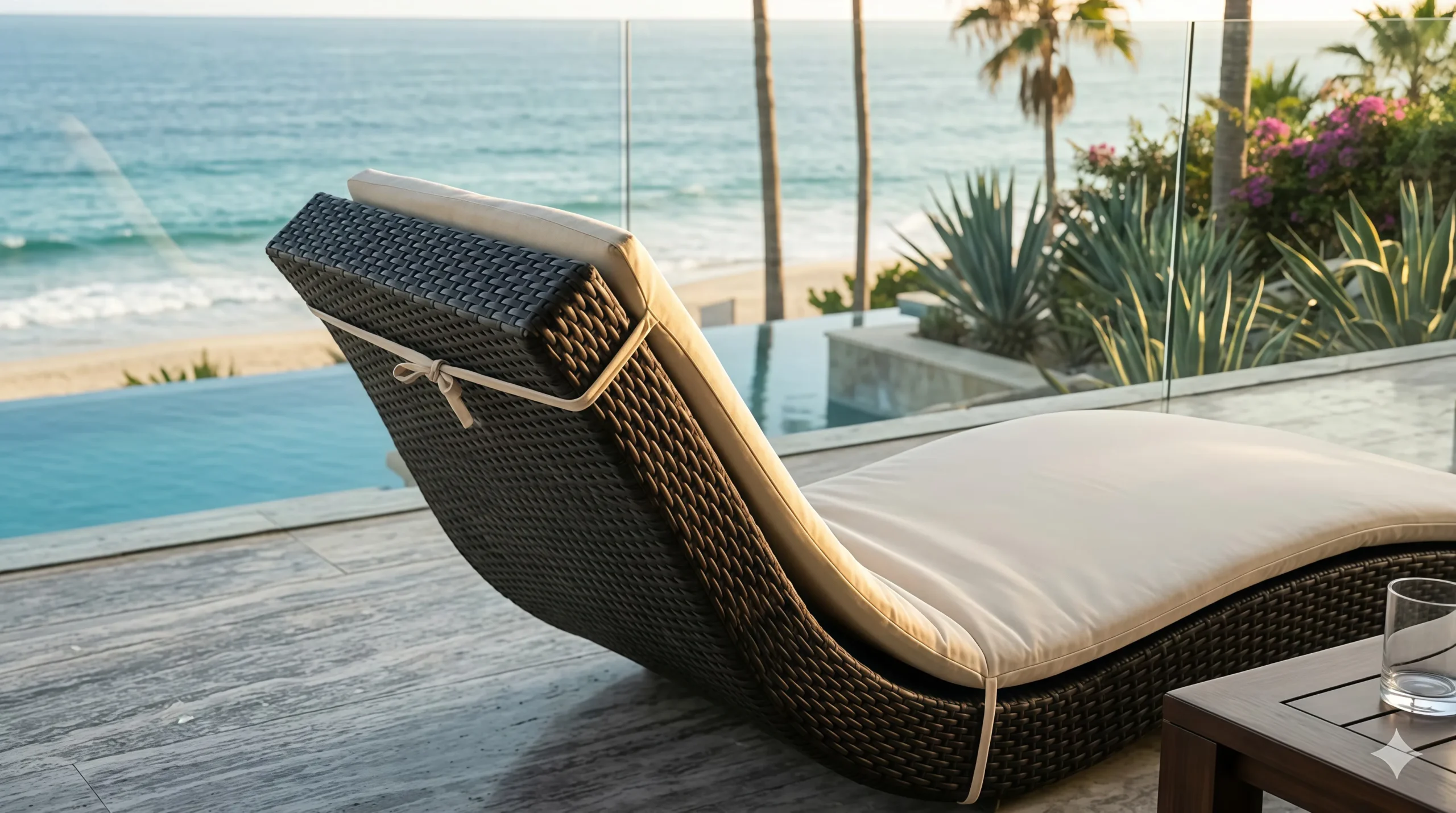 Adjustable Wicker Outdoor Sun Lounger with Beige Cushion