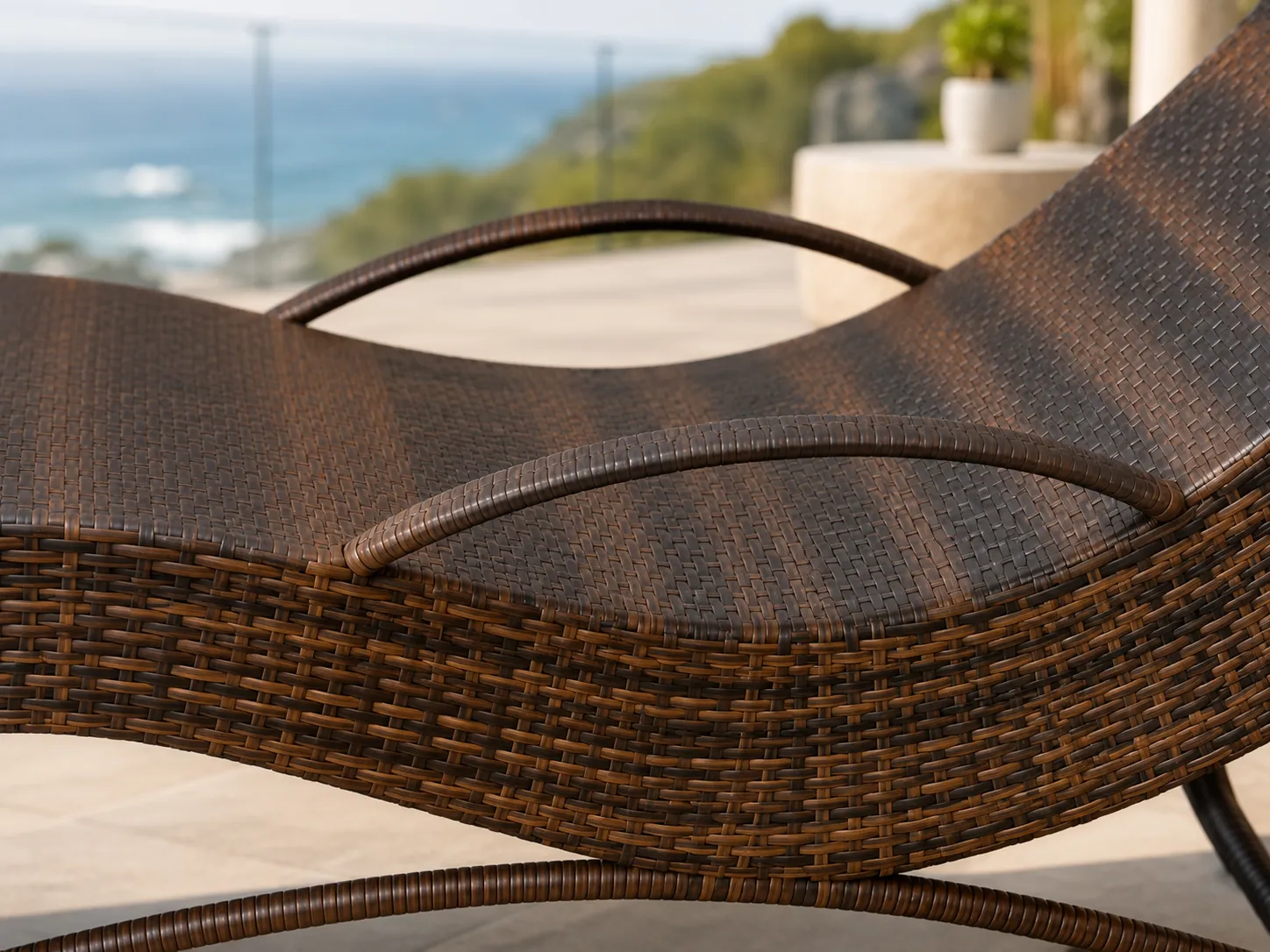 Close-up detail of PE rattan woven sun lounger surface