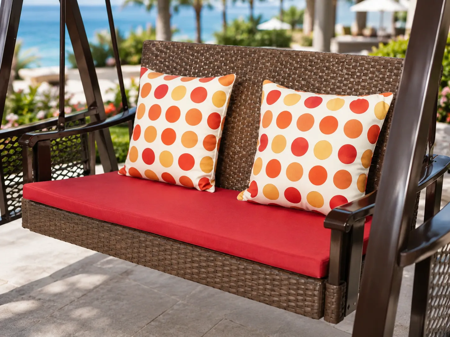 Close-up detail of PE rattan woven swing chair seat